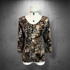 Y2K Shannon Ford Brown Black Leopard Print Stretchy V-Neck 3/4 Sleeve Top PL